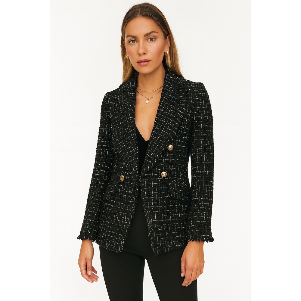 Rachel‎ Zoe Women's Tweed Double-Breasted Blazer Black Silver Fringe Trim Size S